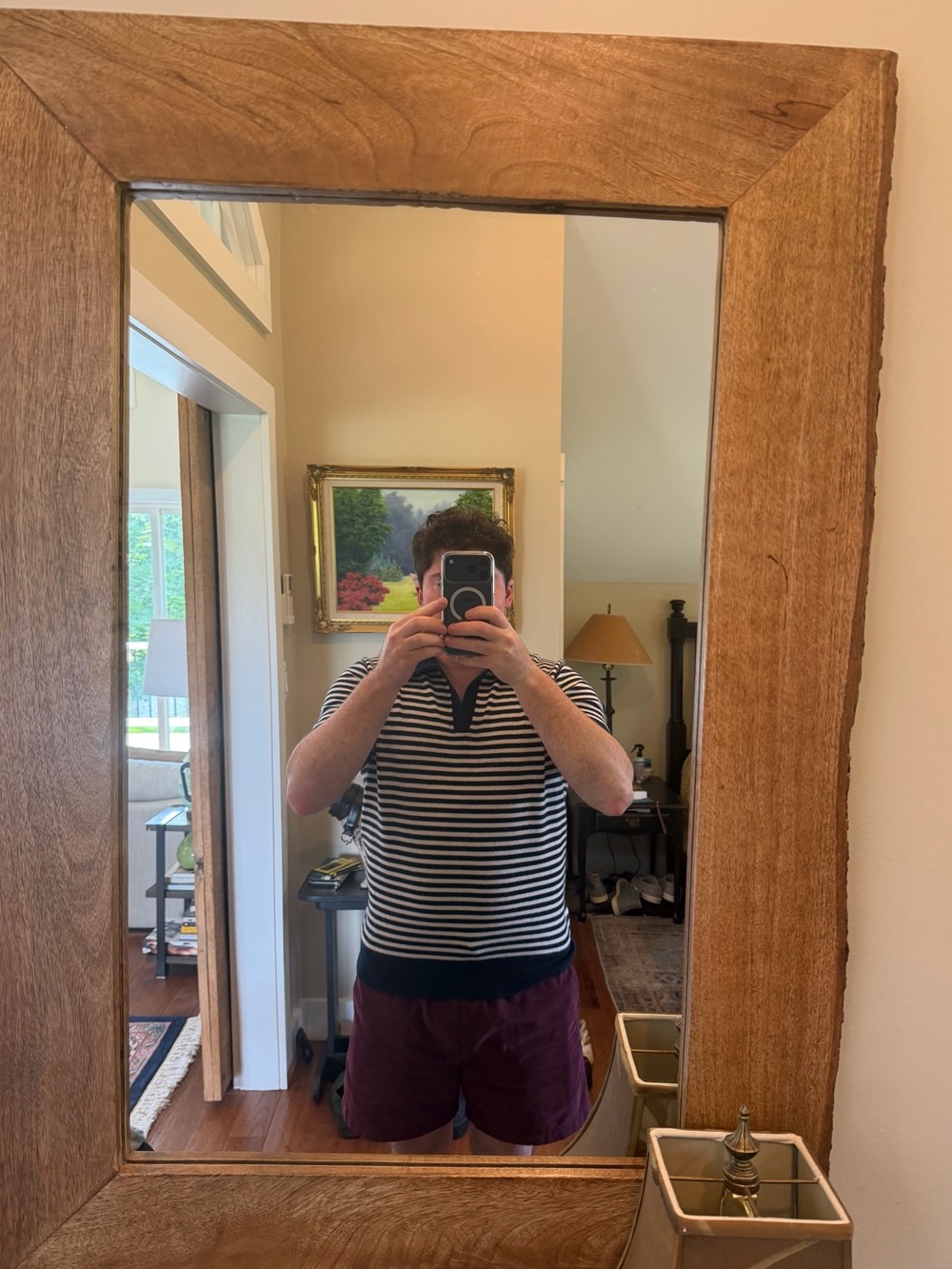 J. Crew Navy and White Striped V‑Neck Polo Sweater
